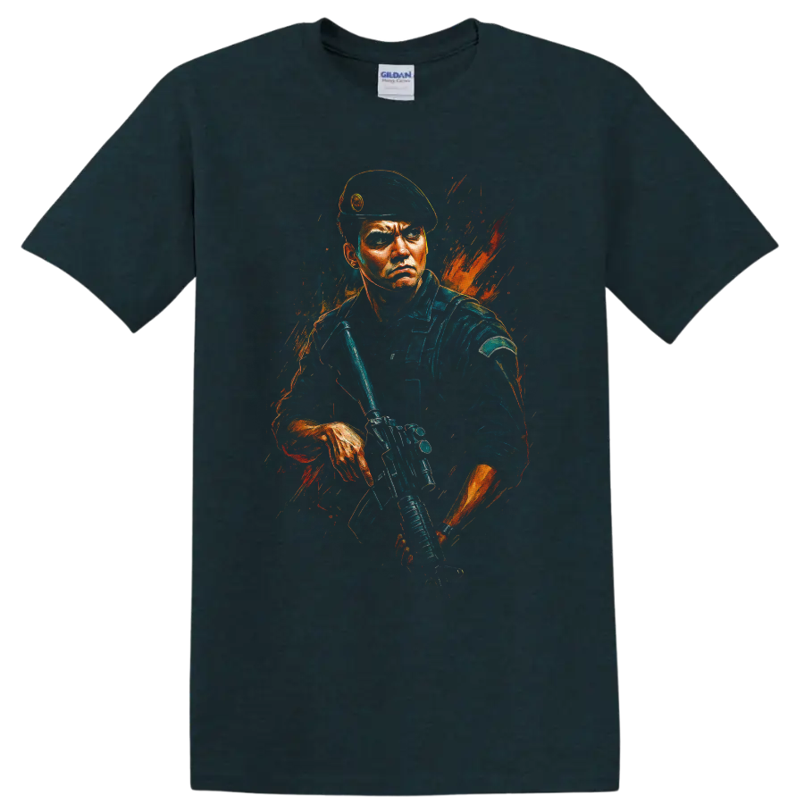 Tactical soldier in beret holding rifle with orange paint splash graphic T shirt on a Midnight (Green) T Shirt