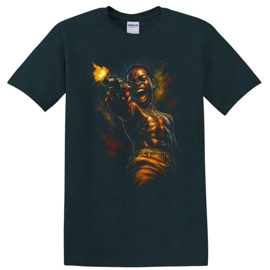 Dramatic painted action portrait graphic T shirt with explosive orange and blue colors on a Midnight (Green) T Shirt