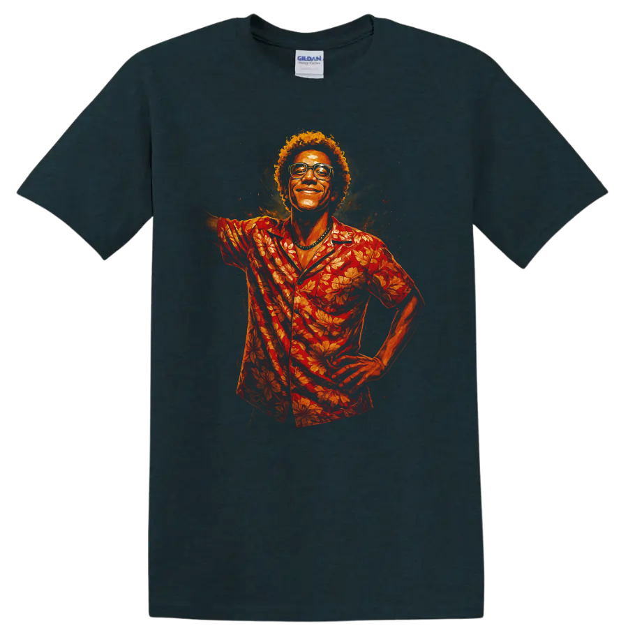 Cinematic portrait of smiling man in red floral shirt for Cidade de Deus City of God T Shirt on a Midnight (Green) T Shirt