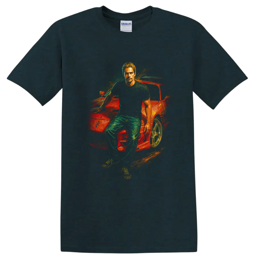 Movie-inspired artwork of a man leaning on a red sports car on a black T shirt on a Midnight (Green) T Shirt