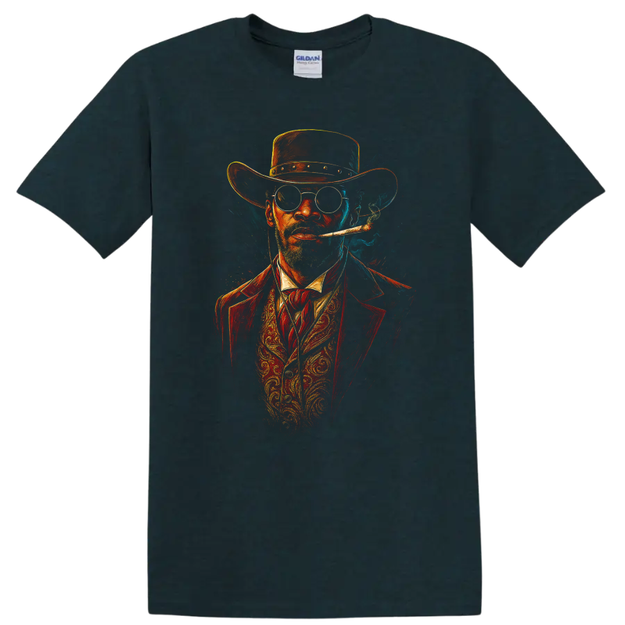 Django Unchained inspired cowboy portrait with hat, glasses, cigar, and smoky Western style on a Midnight (Green) T Shirt