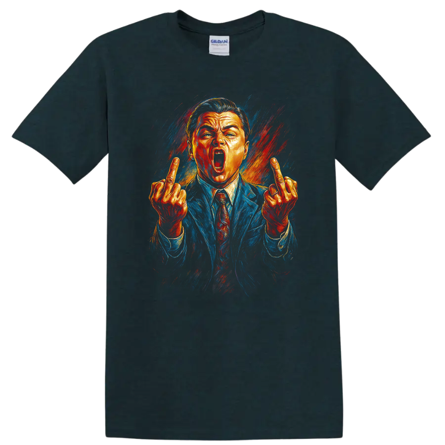 Pop art portrait of a suited man with raised middle fingers, The Wolf of Wall Street T-shirt on a Midnight (Green) T Shirt