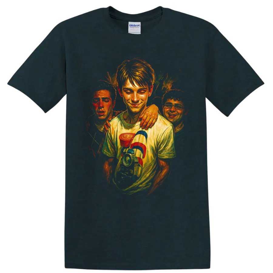Stranger Things-inspired painted crew character graphic T shirt on a Midnight (Green) T Shirt