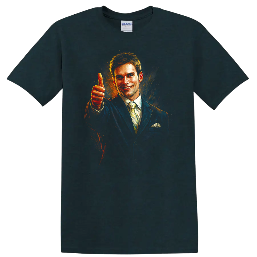 Smiling man in suit giving thumbs up, painterly movie-style graphic T-shirt on a Midnight (Green) T Shirt