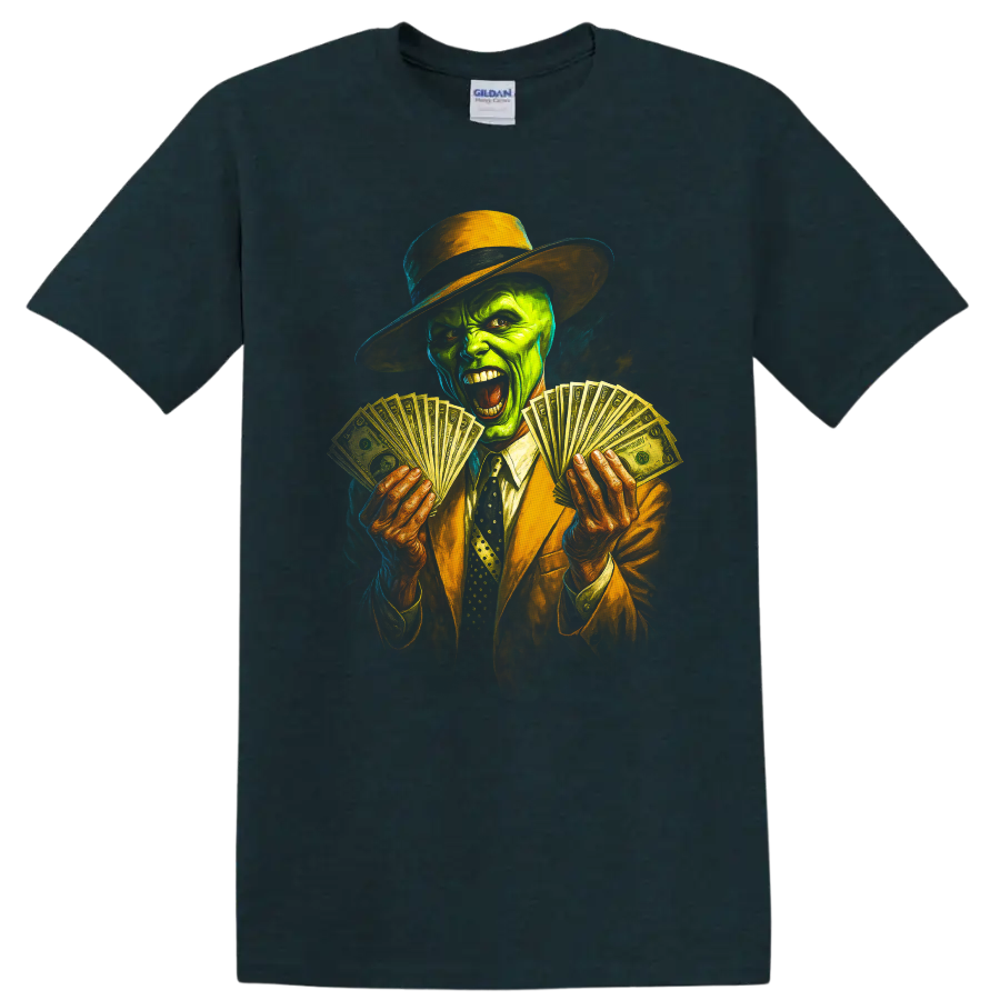 Green face character in hat and suit holding money fans graphic T shirt on a Midnight (Green) T Shirt