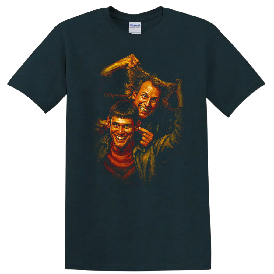 Dumb and Dumber inspired comic-style artwork of two grinning characters on a Midnight (Green) T Shirt