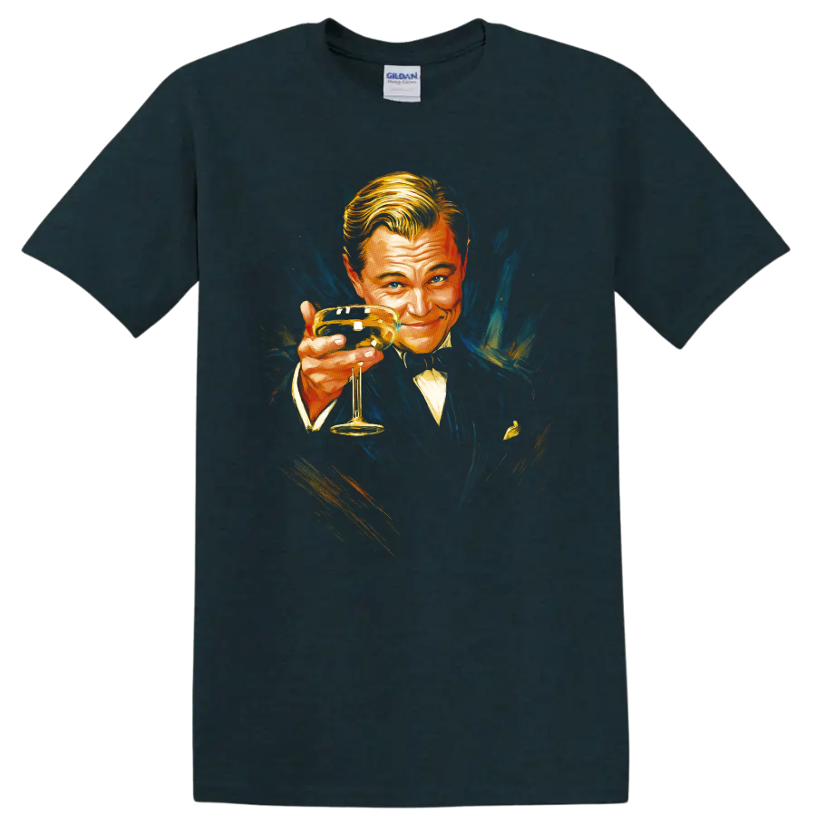 Vintage Great Gatsby portrait holding a champagne glass on a Midnight (Green) T Shirt