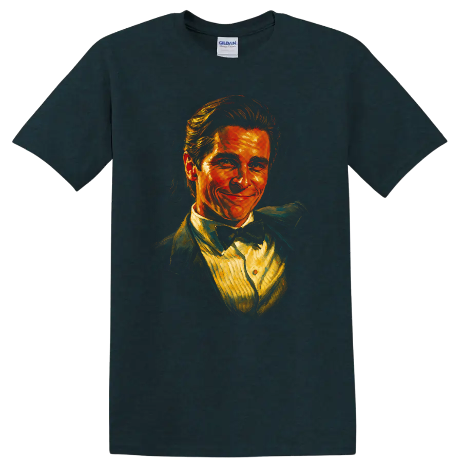 Painterly portrait inspired by American Psycho on a T shirt on a Midnight (Green) T Shirt