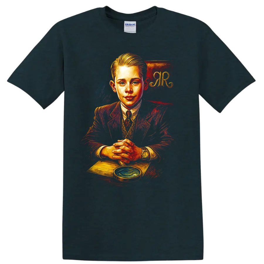 Richie Rich portrait in vintage painted style with RR background on T shirt on a Midnight (Green) T Shirt