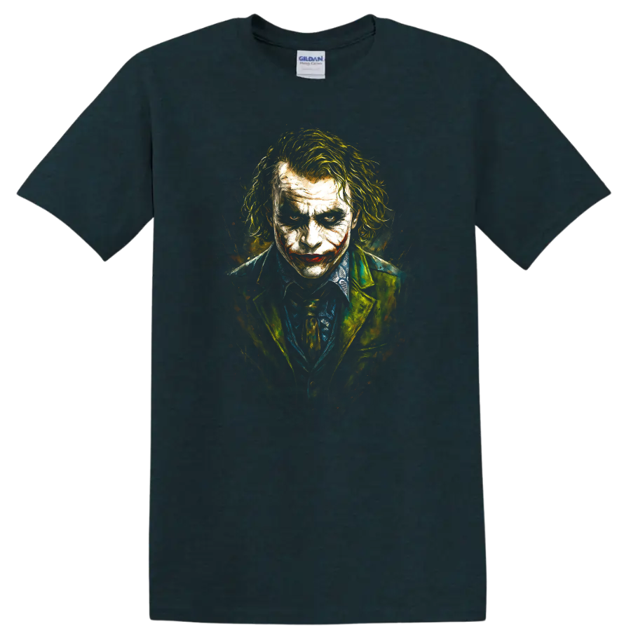 Painted Joker portrait graphic T Shirt with dark dramatic movie style on a Midnight (Green) T Shirt