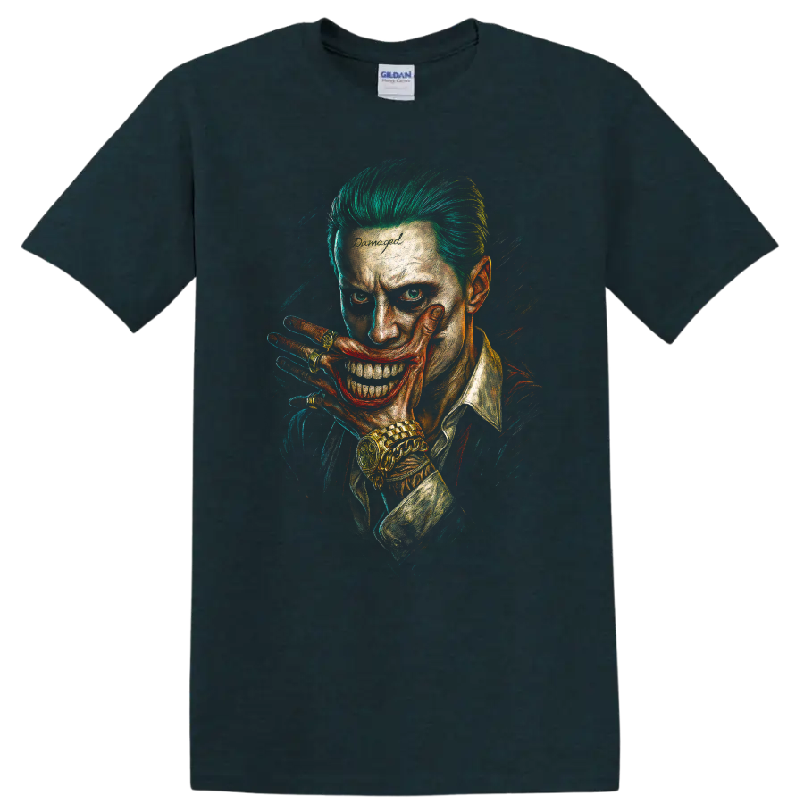 Suicide Squad Joker-style grin portrait with neon green hair graphic T shirt on a Midnight (Green) T Shirt