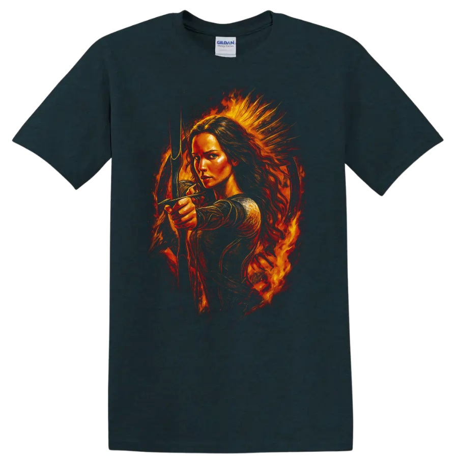 Fiery archer portrait with bow and flames The Hunger Games T Shirt on a Midnight (Green) T Shirt
