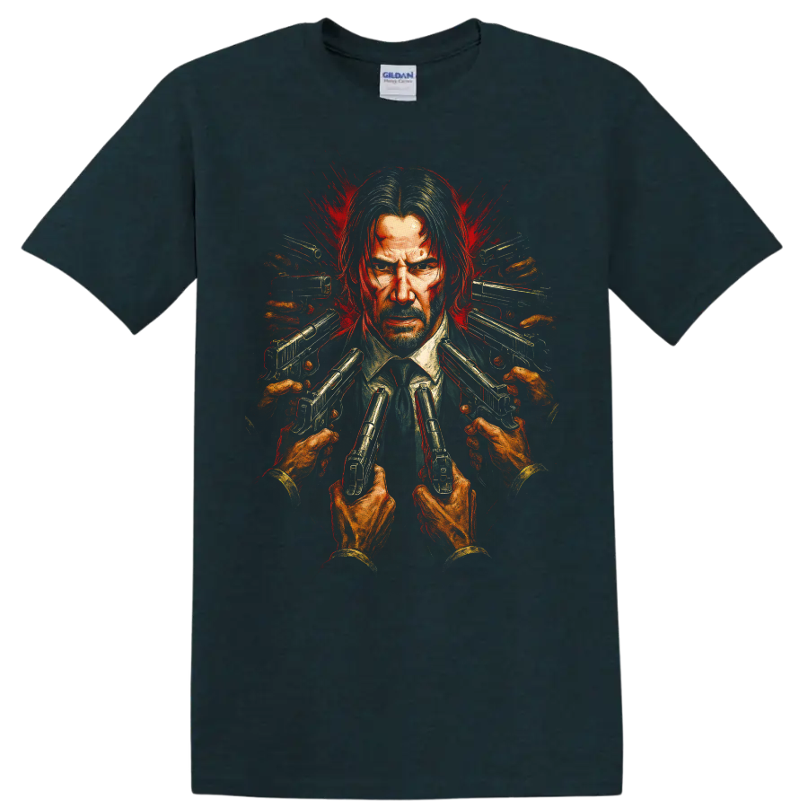 John Wick-inspired portrait with guns pointed inward and red splatter action art T Shirt on a Midnight (Green) T Shirt