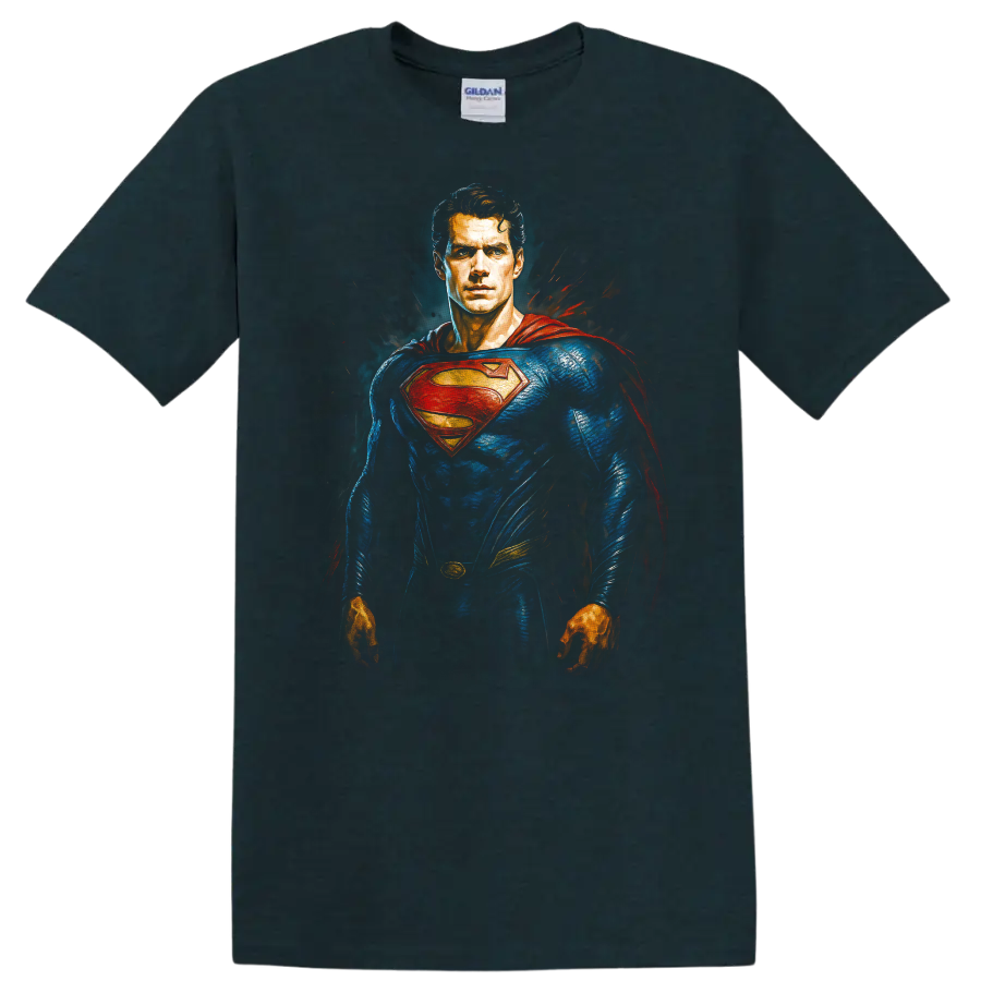 Superman in blue suit and red cape comic-style hero portrait T shirt on a Midnight (Green) T Shirt