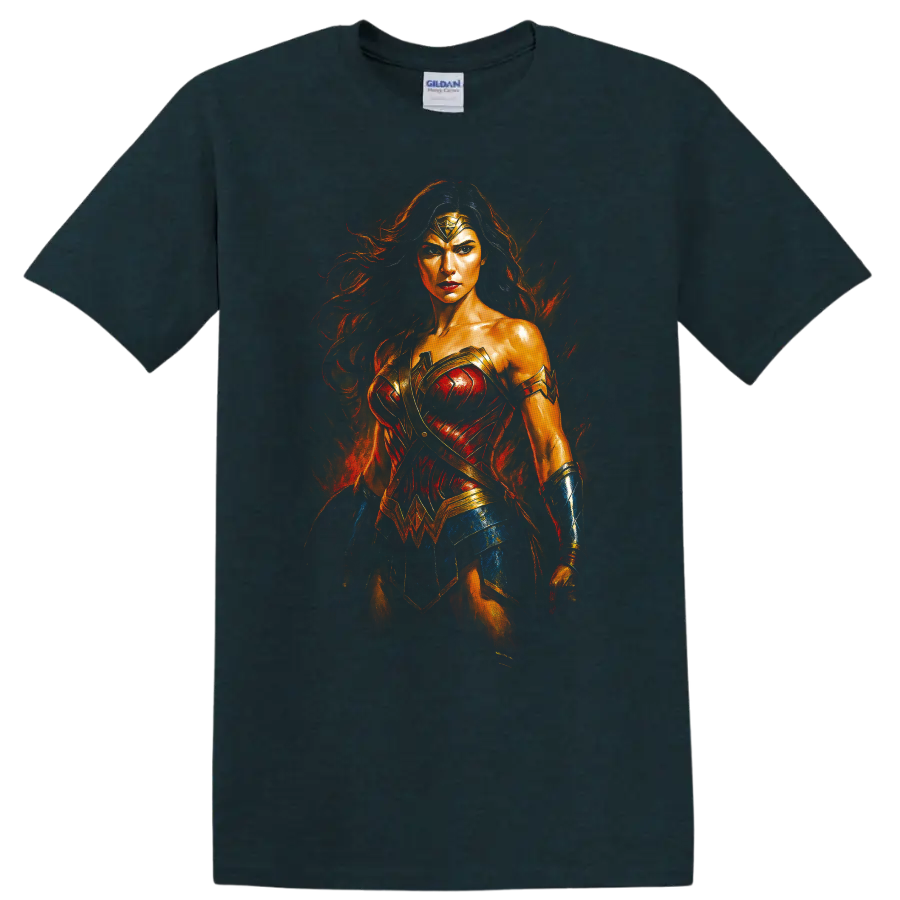 Wonder Woman fiery heroic portrait T Shirt design on a Midnight (Green) T Shirt