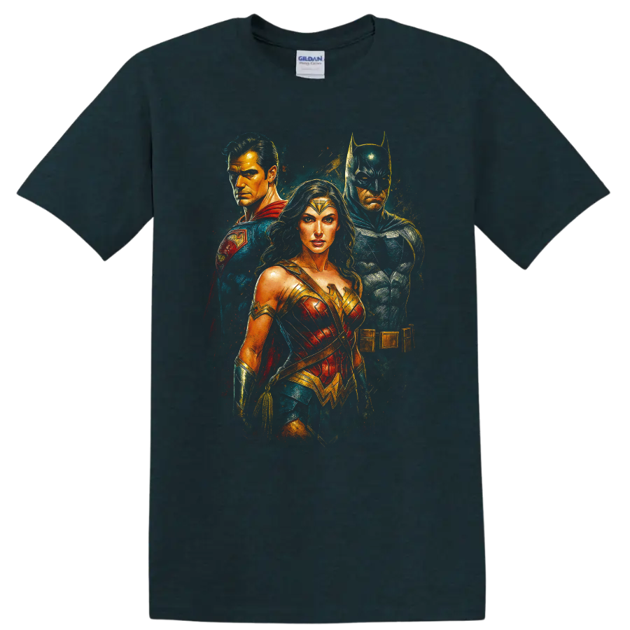 Cinematic Trinity-inspired hero trio portrait design on T shirt on a Midnight (Green) T Shirt