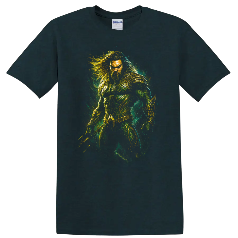 Aquaman-inspired armored hero artwork with green and gold fantasy style T Shirt on a Midnight (Green) T Shirt