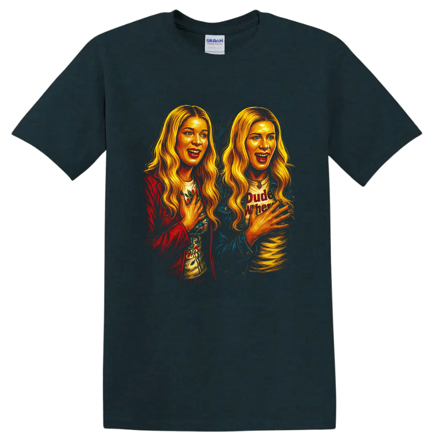 Colorful double portrait fan art inspired by Dude, Where's My Car movie T Shirt on a Midnight (Green) T Shirt