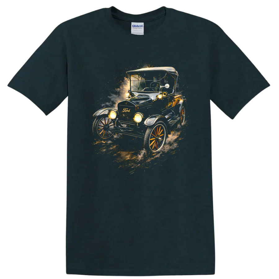 Ford Model T vintage old car graphic print with glowing headlights and dusty motion effect on a Midnight (Green) T Shirt