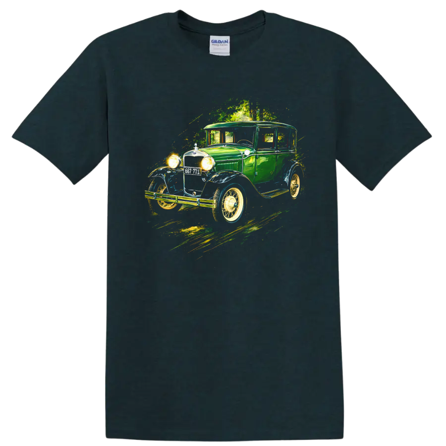 Green Ford Model A 1930 vintage car graphic print T-shirt on a Midnight (Green) T Shirt