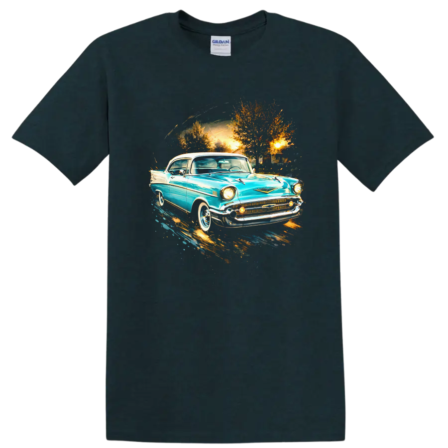 Turquoise 1957 Chevrolet Bel Air classic car graphic print with sunset backdrop on a Midnight (Green) T Shirt