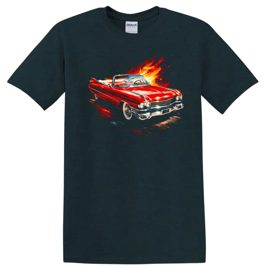 Red 1959 Cadillac Eldorado convertible with fiery motion graphic print on a Midnight (Green) T Shirt