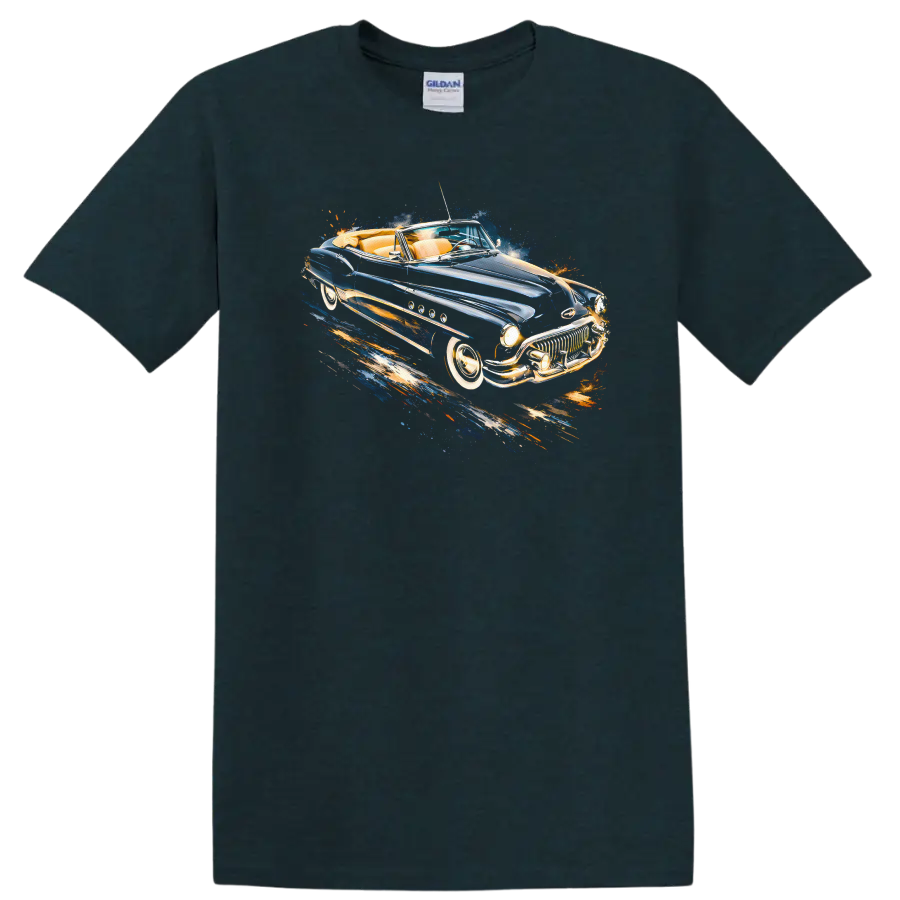 1951 Buick Super Convertible vintage car graphic print with blue and chrome details on a Midnight (Green) T Shirt
