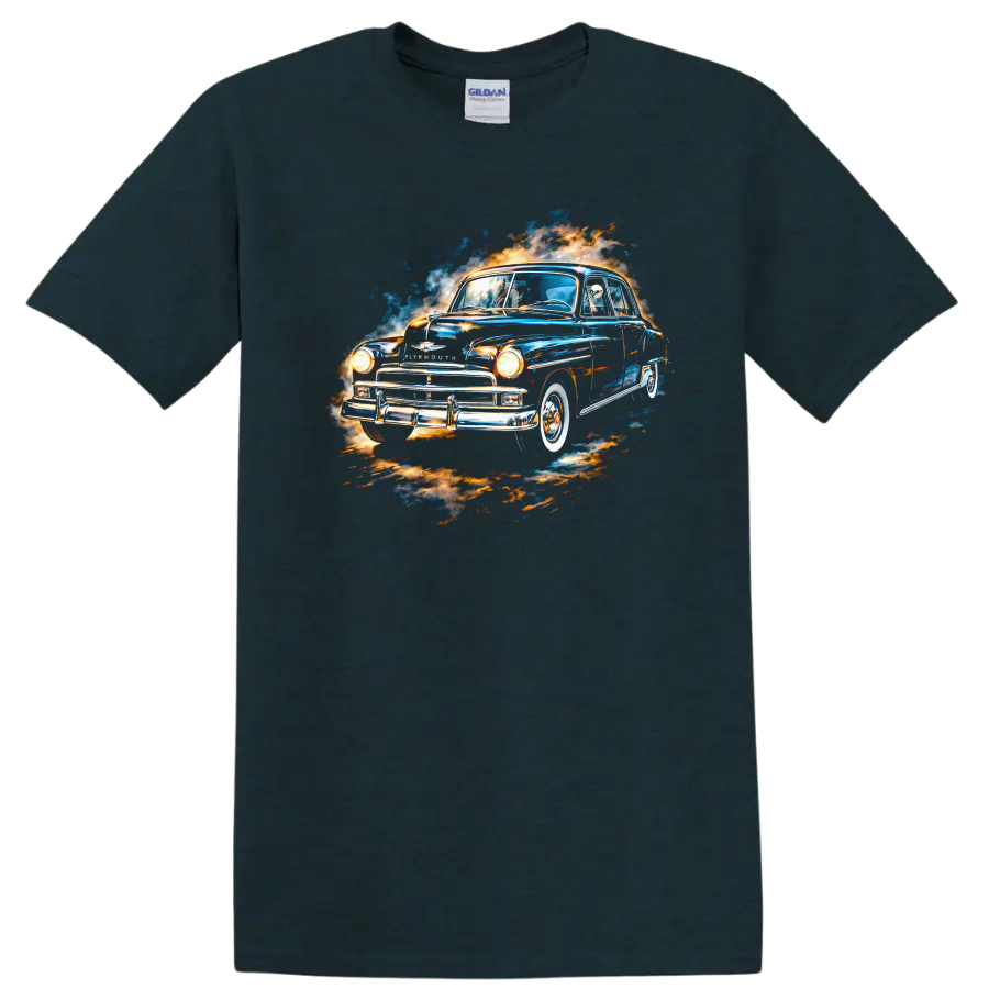 Watercolor Plymouth classic old car with blue and orange splash graphic print on a Midnight (Green) T Shirt