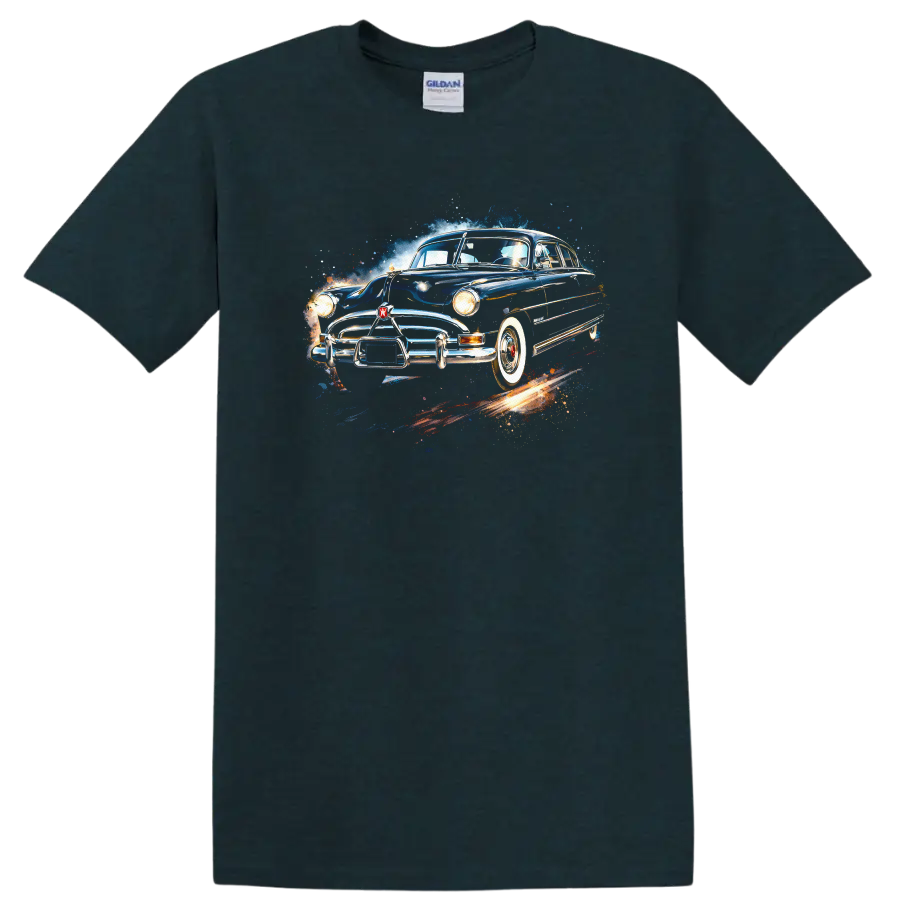 Classic Hudson Hornet old car graphic print with blue vintage racing design on a Midnight (Green) T Shirt