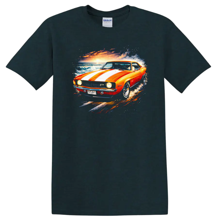 Orange 1969 Chevrolet Camaro Z/28 with white stripes, ocean waves, and sunset art on a Midnight (Green) T Shirt