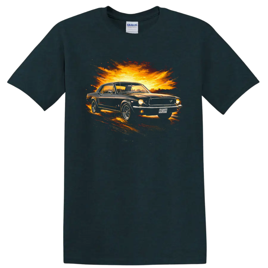 Old Ford Mustang graphic print with fiery sunset burst T shirt on a Midnight (Green) T Shirt