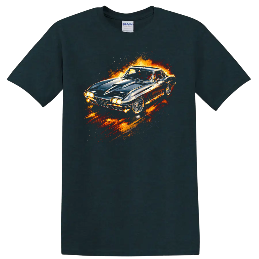 1963 Chevrolet Corvette Sting Ray flame graphic T shirt on a Midnight (Green) T Shirt