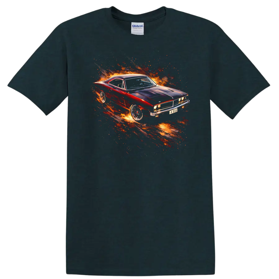 1969 Dodge Charger car with fiery graphic print on a T shirt on a Midnight (Green) T Shirt