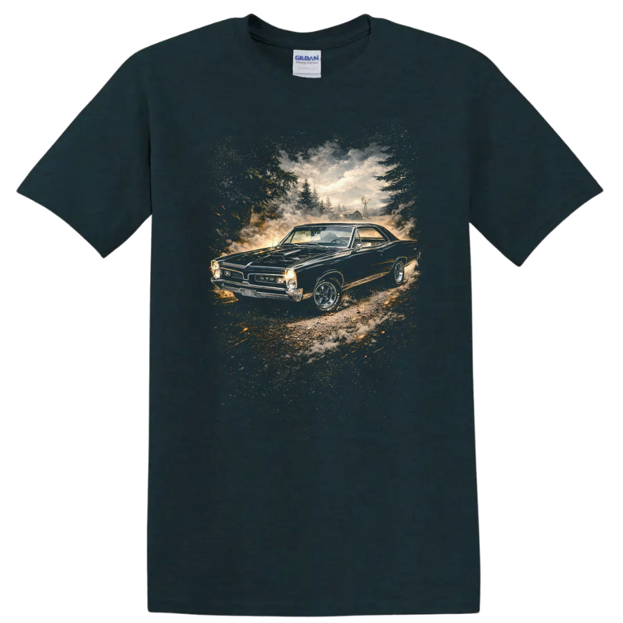 Pontiac GTO in a vintage countryside scene graphic print T shirt on a Midnight (Green) T Shirt