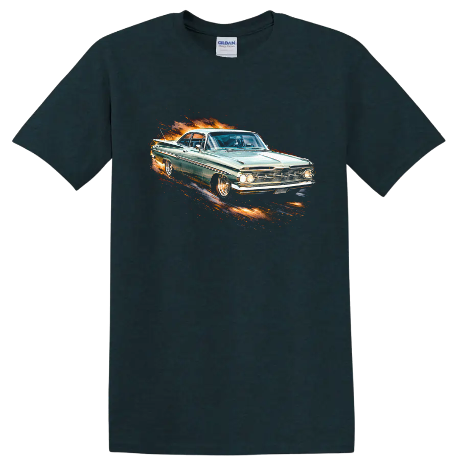 1961 Chevrolet Impala classic car with flame-style graphic print on a Midnight (Green) T Shirt