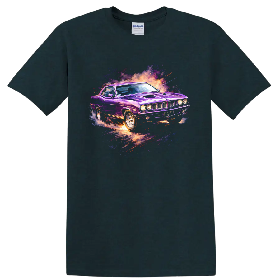 Purple Plymouth Barracuda car graphic print T-shirt with explosive retro splash effects on a Midnight (Green) T Shirt