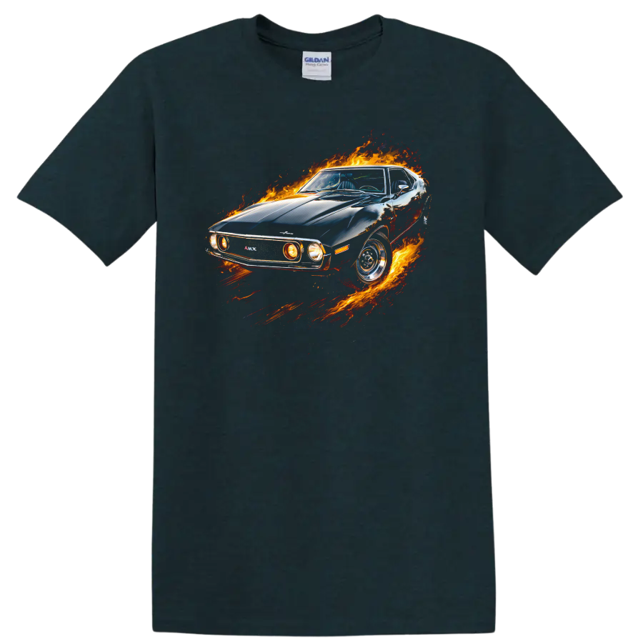 AMC Javelin AMX muscle car surrounded by flames graphic on a black T shirt on a Midnight (Green) T Shirt
