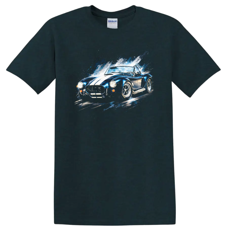 Blue Shelby Cobra old car graphic print with white stripes and splash effect on a Midnight (Green) T Shirt