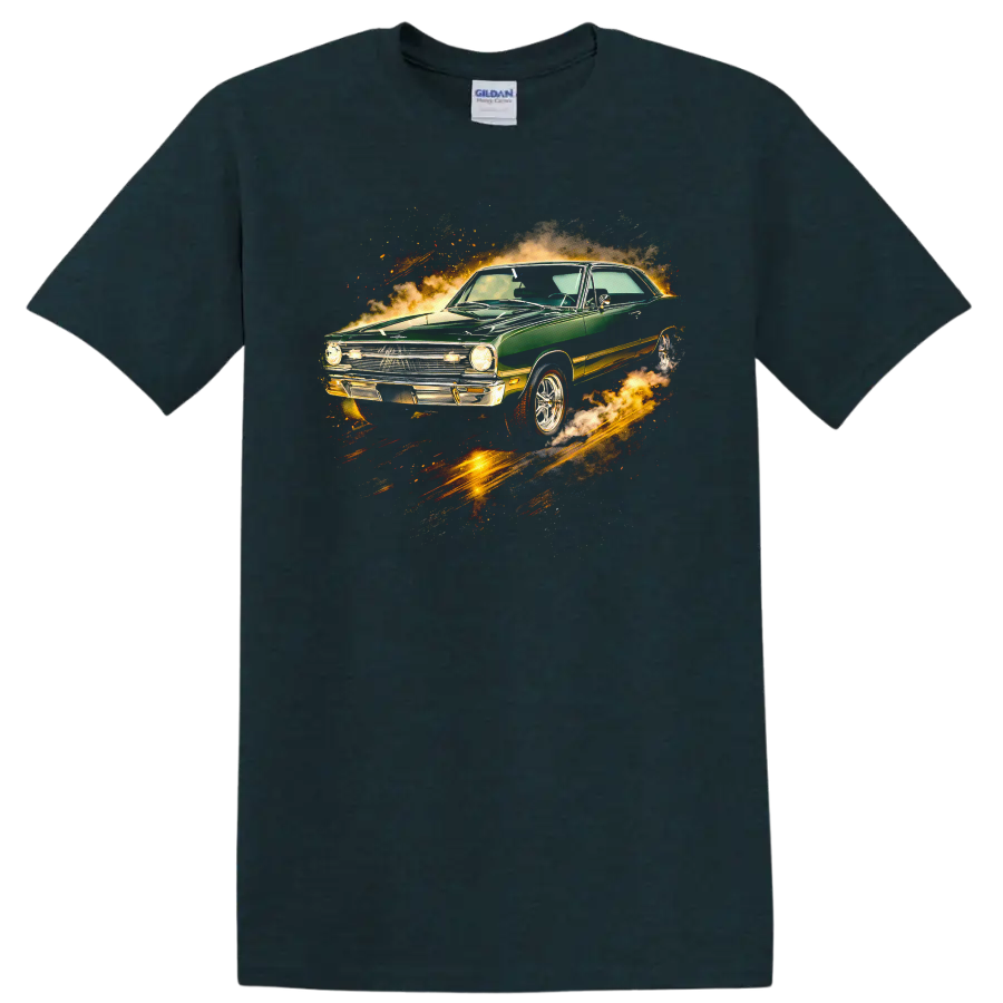 Green 1968 Dodge Dart with fiery motion effects graphic print T shirt on a Midnight (Green) T Shirt