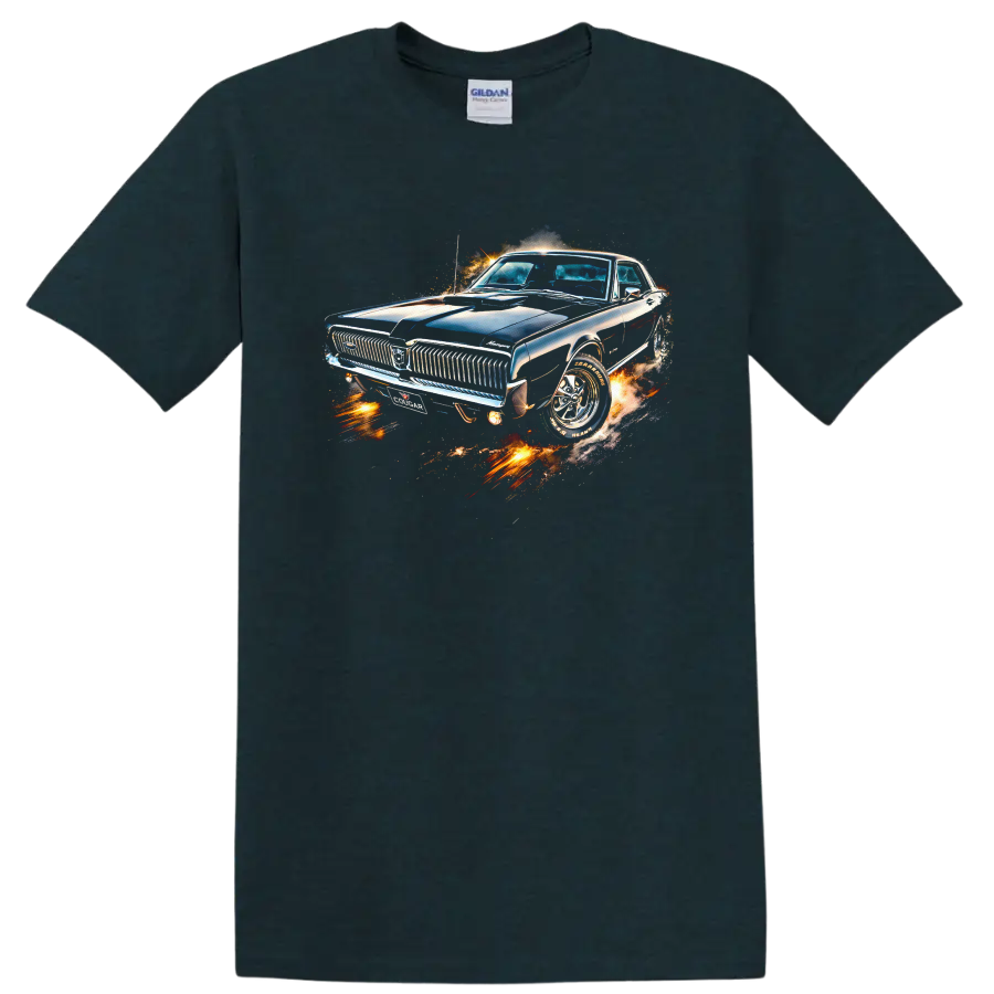 1967 Mercury Cougar classic car graphic print with chrome details and fiery effects on a Midnight (Green) T Shirt