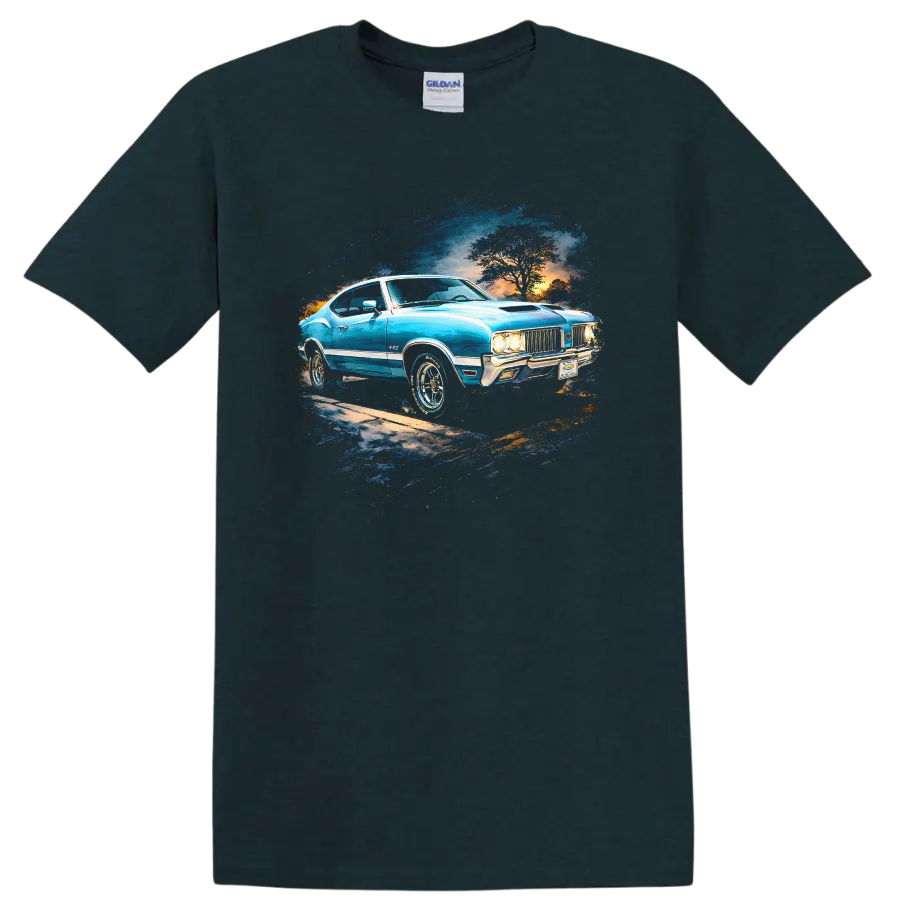 Blue 1970 Oldsmobile 442 classic car graphic print T-shirt on a Midnight (Green) T Shirt