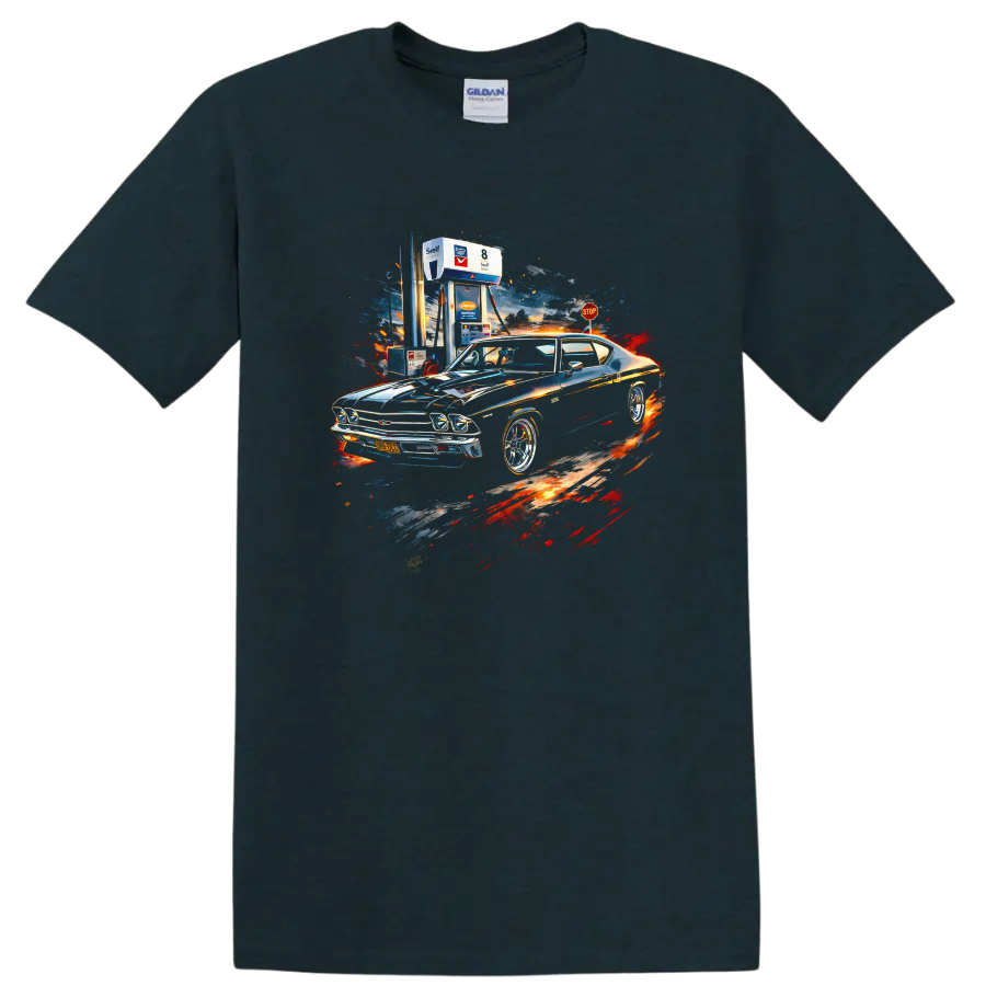 Chevrolet Chevelle muscle car with colorful splash art graphic print on T shirt on a Midnight (Green) T Shirt