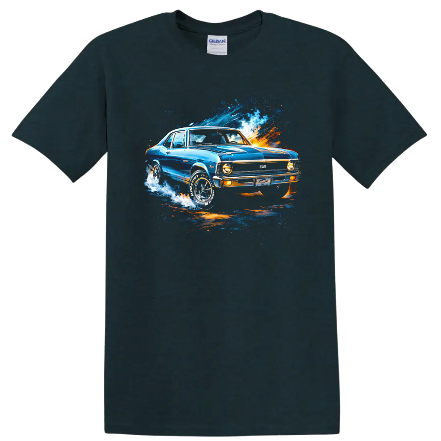 Blue 1970 Chevrolet Nova SS classic car graphic T shirt with splash effects on a Midnight (Green) T Shirt