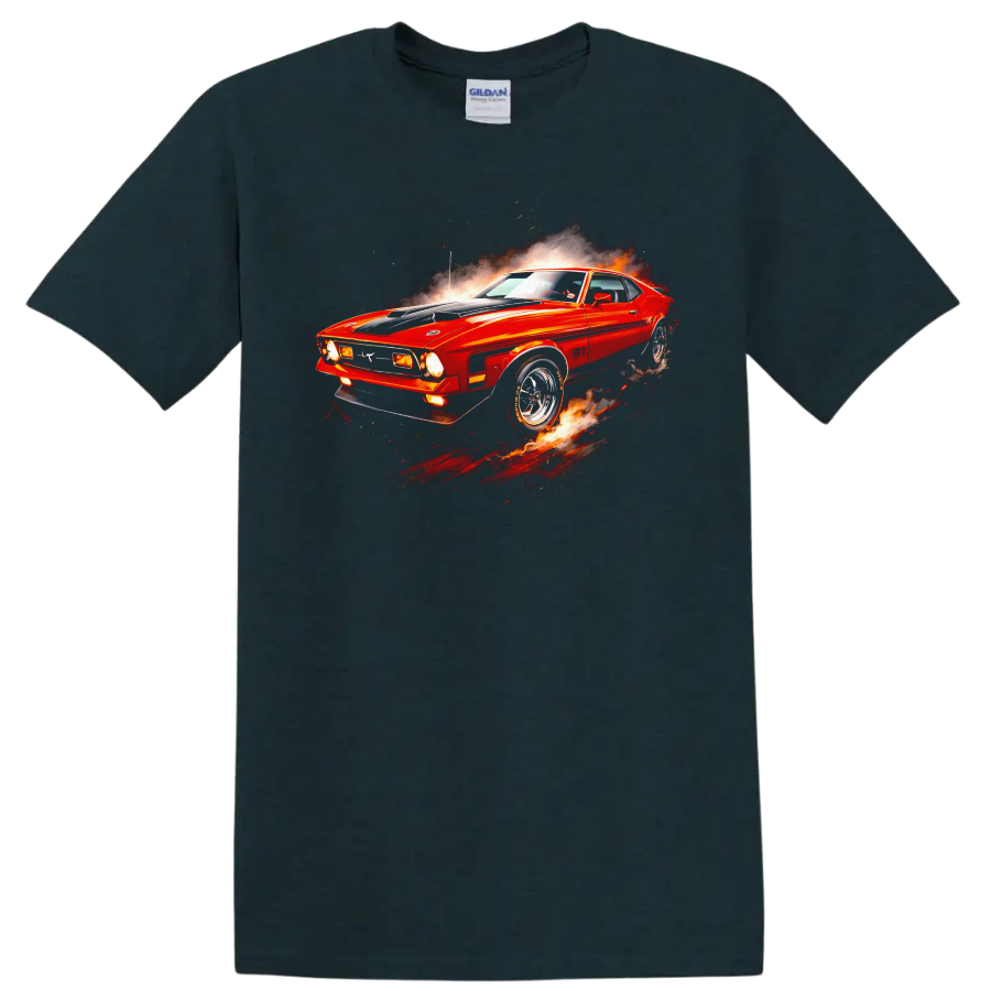 Red Ford Mustang Mach 1 with flames and motion effects graphic print T shirt on a Midnight (Green) T Shirt