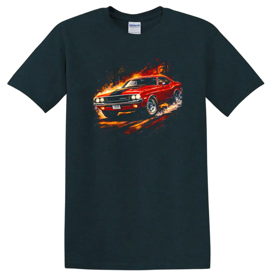 Red 1970 Dodge Challenger R/T muscle car graphic print T shirt on a Midnight (Green) T Shirt