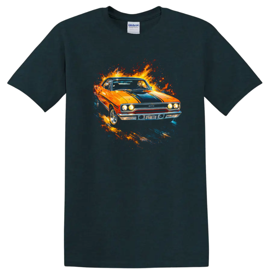 Orange Plymouth GTX classic car with blue stripes and paint splash graphic on T shirt on a Midnight (Green) T Shirt
