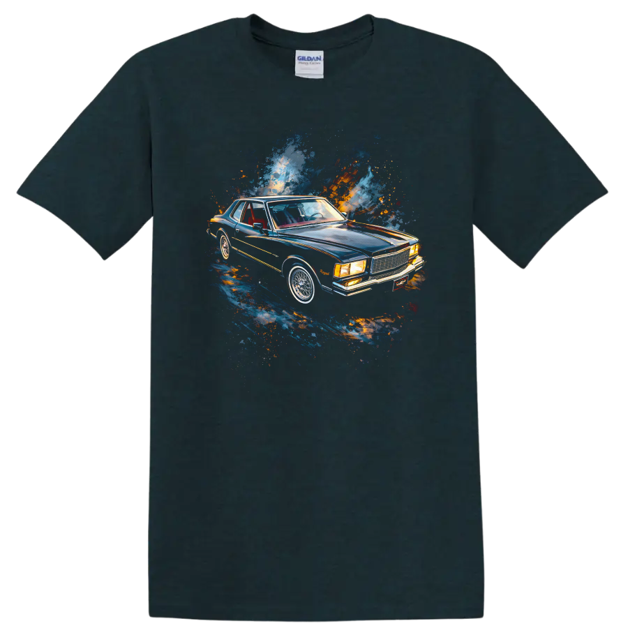Chevrolet Monte Carlo classic car graphic print T shirt with blue and orange paint splash on a Midnight (Green) T Shirt
