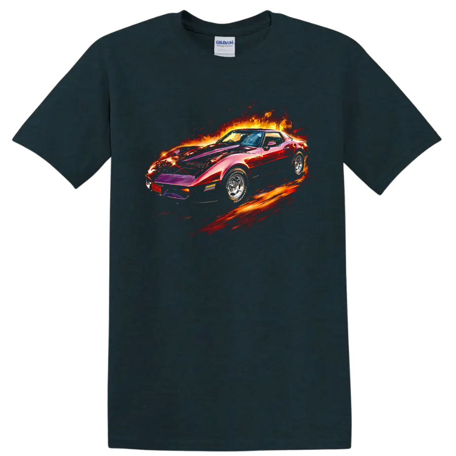 Chevrolet Corvette Stingray classic car with fiery graphic print on T shirt on a Midnight (Green) T Shirt