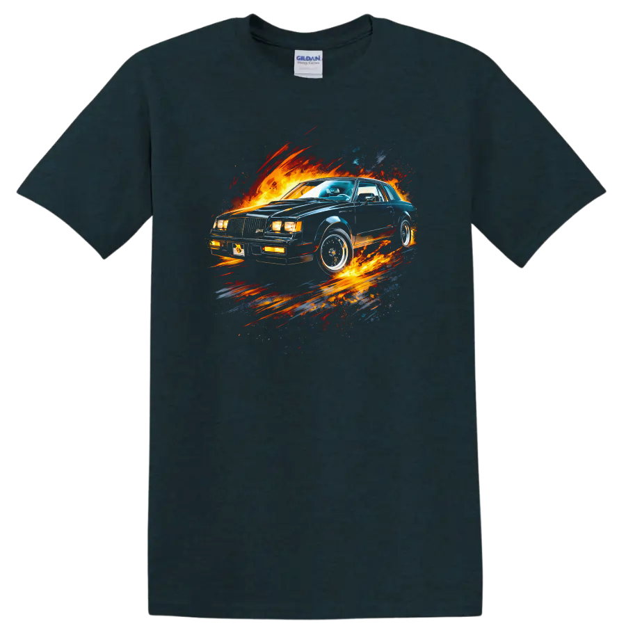 Buick Grand National old car with fiery graphic print T shirt on a Midnight (Green) T Shirt