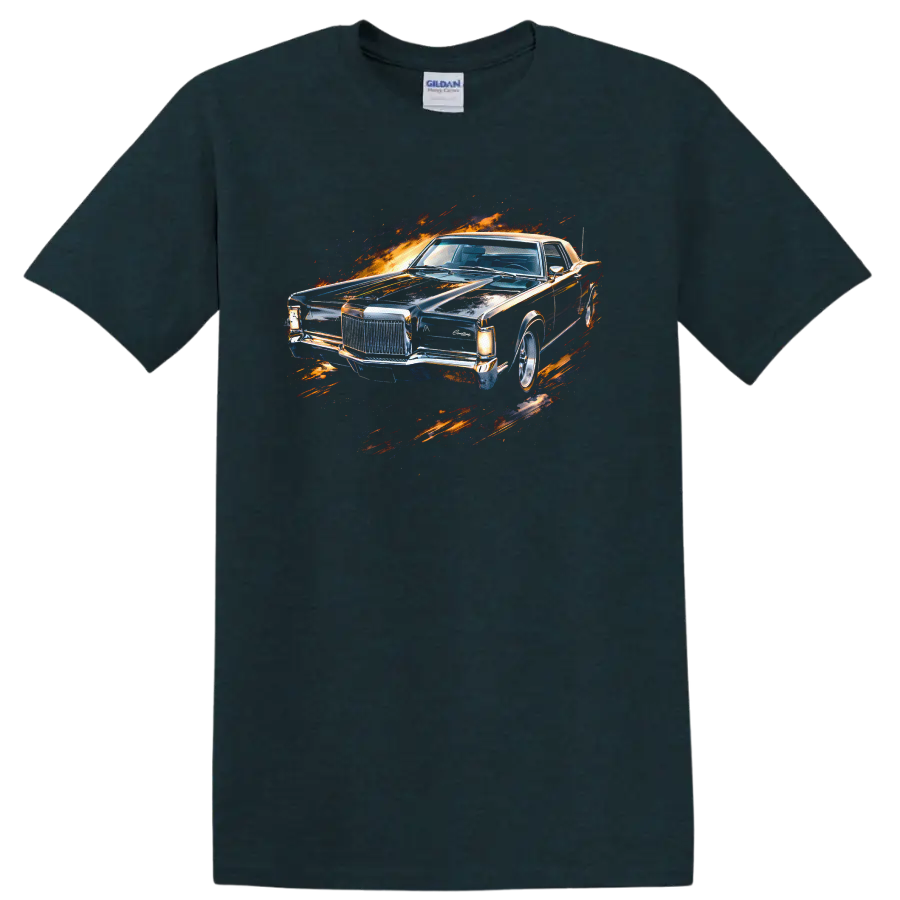 Lincoln Continental Mark III classic car with fiery splash graphic print T shirt on a Midnight (Green) T Shirt